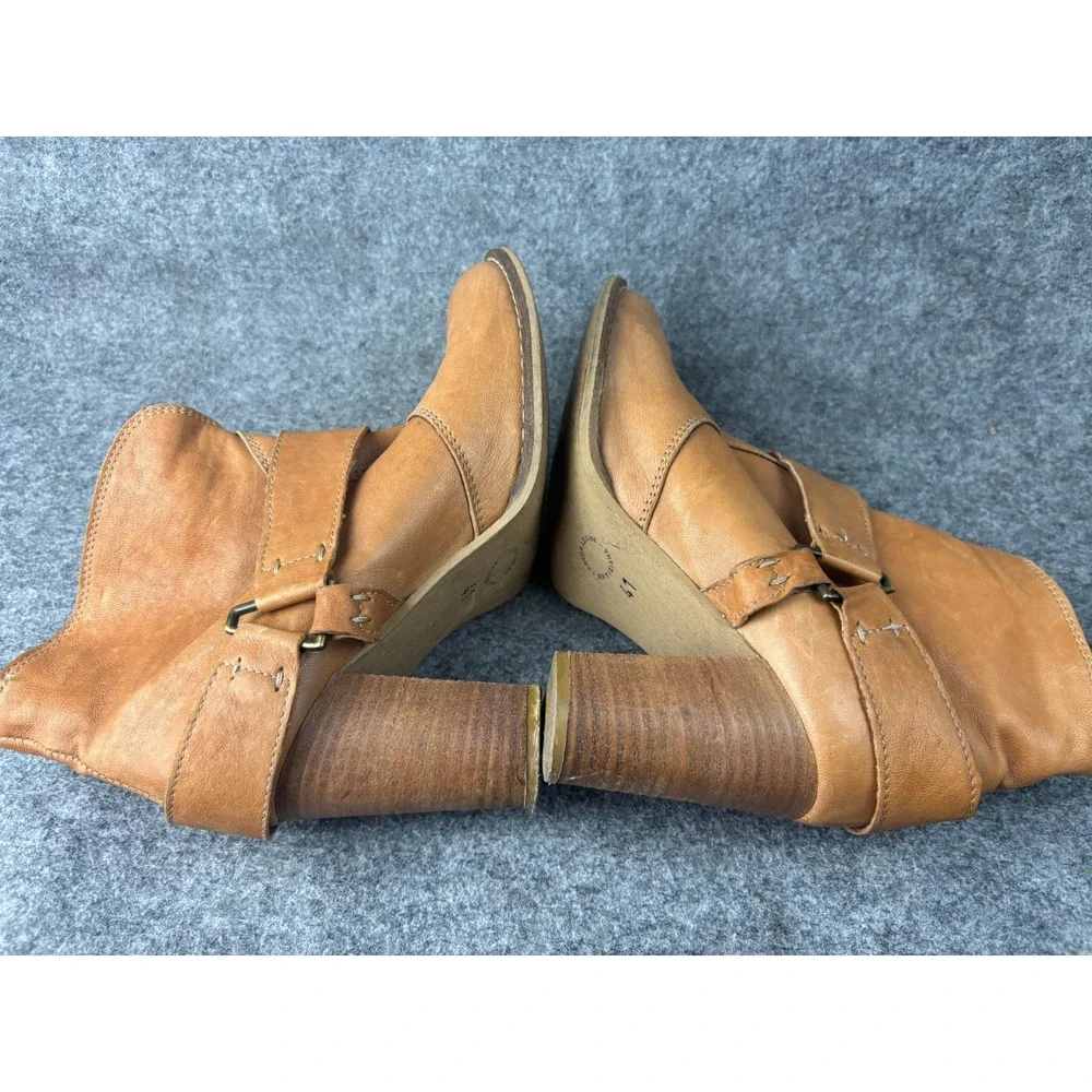 Sundance Leather Ankle Boots Womens 41 Tan Buckle Strap Stacked Block Heel 64921